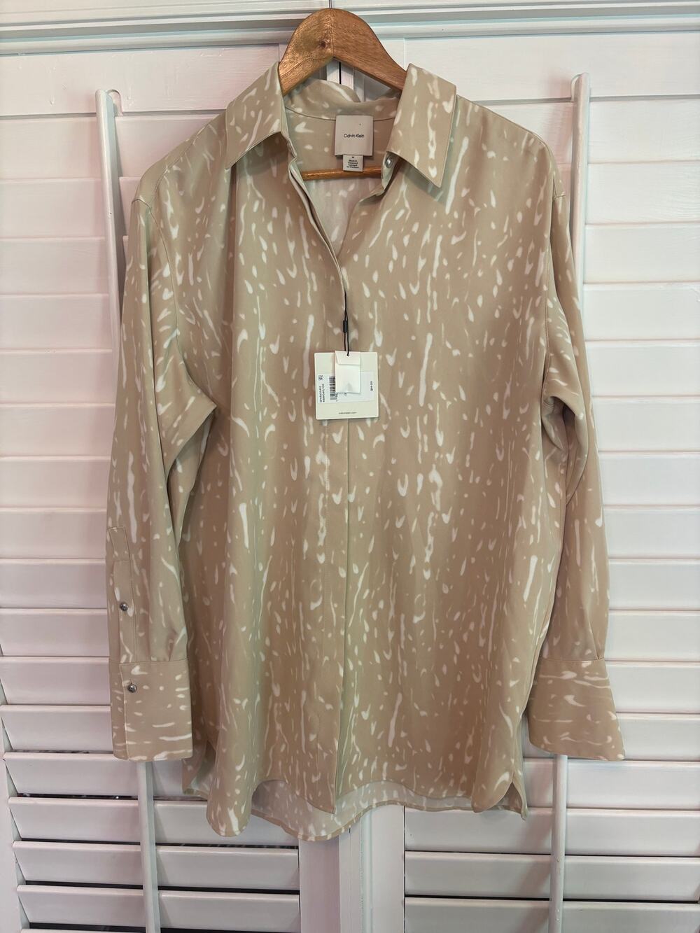 Calvin Klein Tan And White‎ Button Down Blouse Size Medium